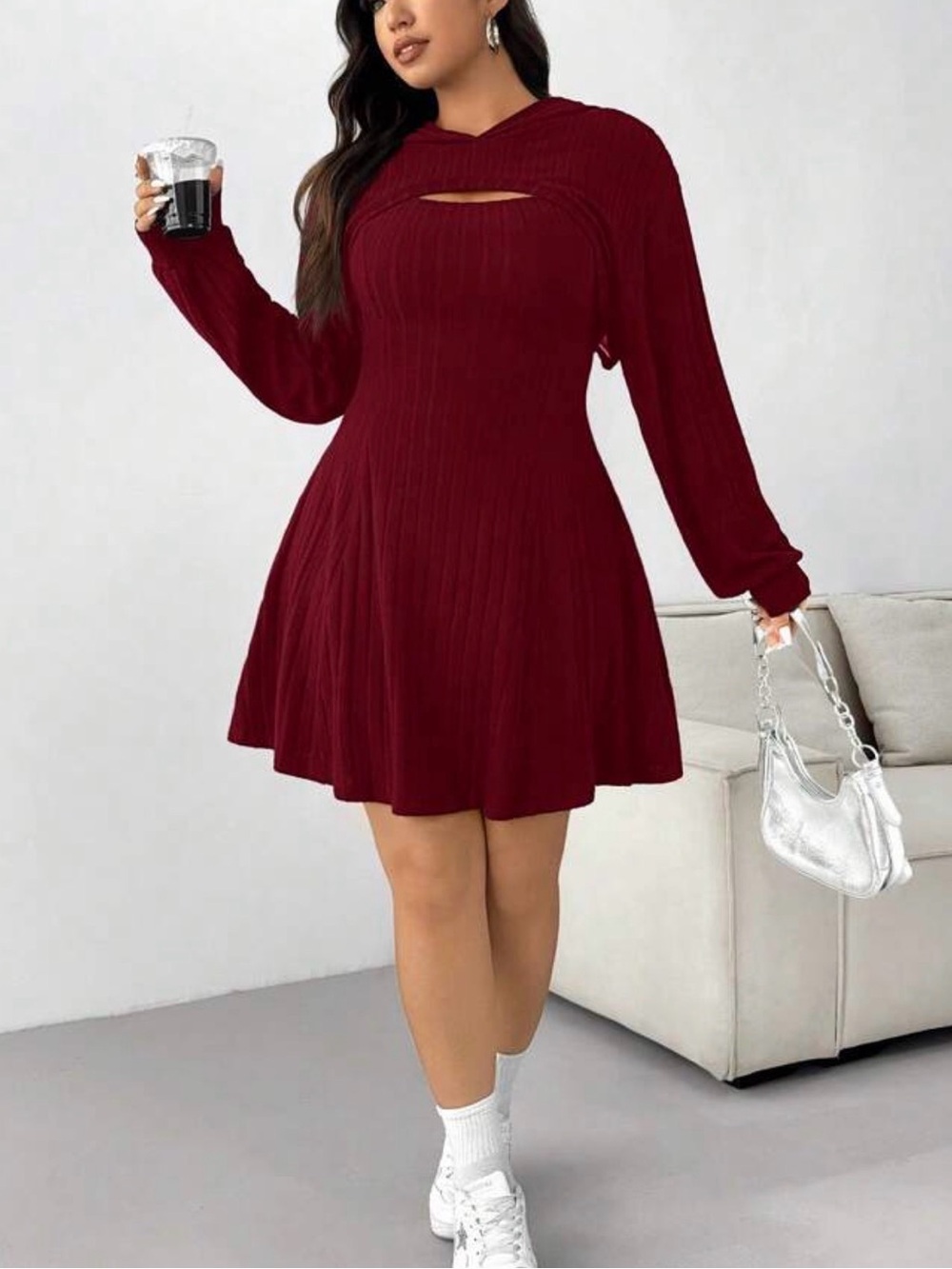 Women's Burgundy Long-Sleeve Knit Fit & Flare Dress